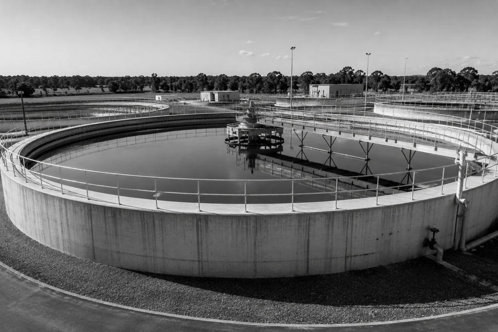 Industrial water treatment facility in monochrome