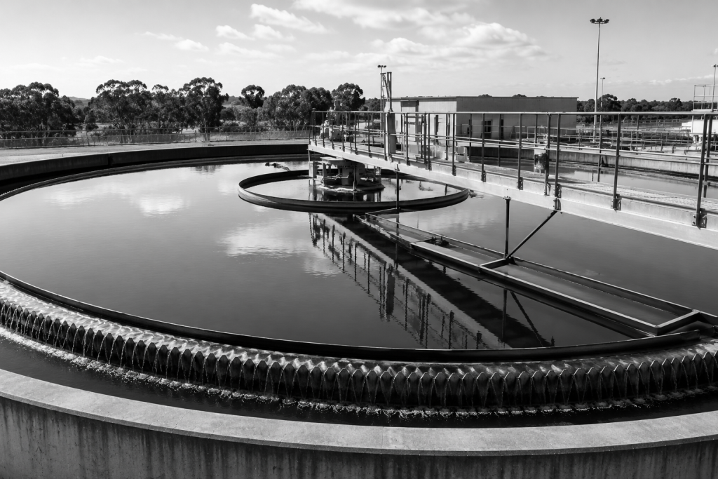 Industrial water treatment plant in monochrome